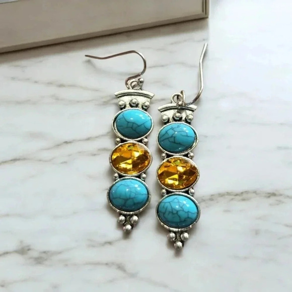 Turquoise Stone Bohemian Gemstone Dangle Earrings - Picture 2 of 2